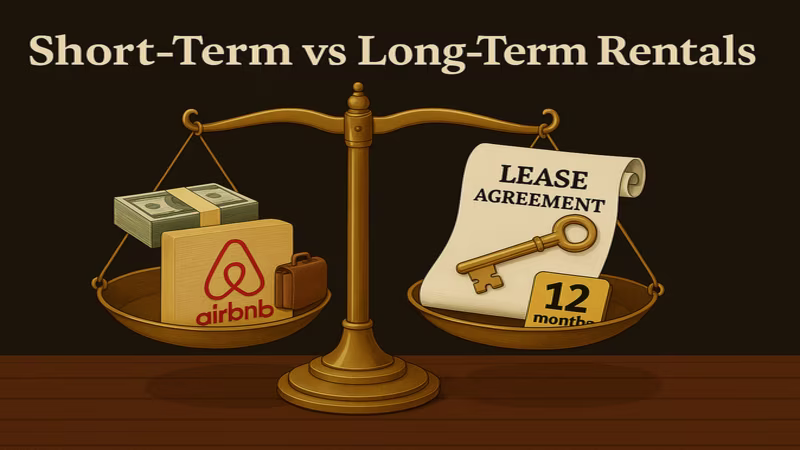 When it comes to the short-term rental vs long-term rental debate, short-term rentals offer two to three times more monthly income than long-term rentals, making them a compelling option for property investors. But higher returns come with a more complex landscape. A golden balance scale contrasts short-term Airbnb income with long-term lease stability, symbolizing the trade-off between profit and predictability.